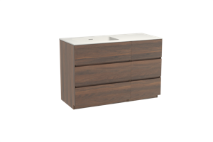 Storke Edge staand badmeubel 120 x 52 cm notenhout met Mata asymmetrisch linkse wastafel in solid surface mat wit