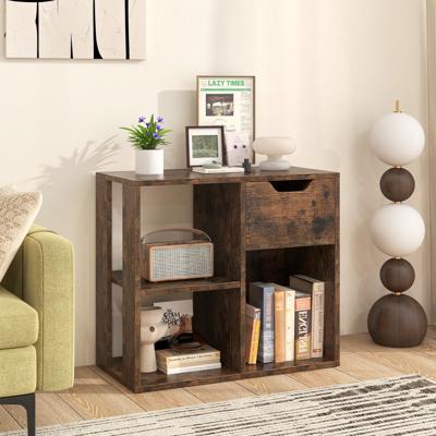 Houten Boekenrek met Lade & 3 Vakken Kubusrek Bureau Rek Kamerscherm Staand Rek Bruin