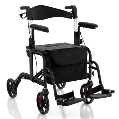 2-in-1 Rolstoel & Reisrollator met Tas & Dubbele Remmen & Stokhouder Rollator Zwart