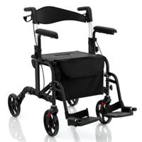 2-in-1 Rolstoel & Reisrollator met Tas & Dubbele Remmen & Stokhouder Rollator Zwart