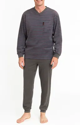 Outfitter Badstof heren pyjama - Winter Stripe - Warme winter pyjama antraciet - Copy