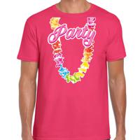 Tropical party T-shirt voor heren - bloemenkrans - roze - carnaval/themafeest - thumbnail