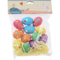 Gekleurde paaseieren - 12x stuks - glitter - incl paasgras - decoratie eitjes - Pasen - piepschuim