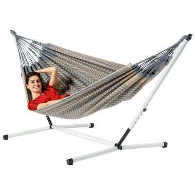 Tweepersoons hangmat met metalen standaard - 350x160cm - Bruin - 160kg draagkracht- 100% katoen - binnen & buiten
