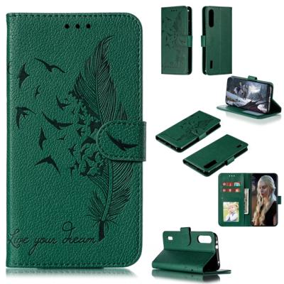 Feather patroon Litchi textuur horizontale Flip lederen draagtas met portemonnee & houder & kaartsleuven voor Xiaomi mi CC9e (groen)