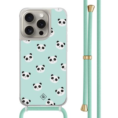 iPhone 15 Pro hoesje met mint koord - Panda print iPhone 15 Pro hoesje met mint koord - Panda print