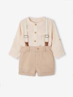 Feestelijk babysetje: blouse + short + bretels taupe - thumbnail