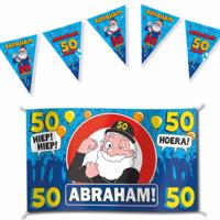 Versiering set van 1x Abraham gevelvlag - 100 x 150 cm - en 3x 50 jaar vlaggenlijnen - van 10 meter