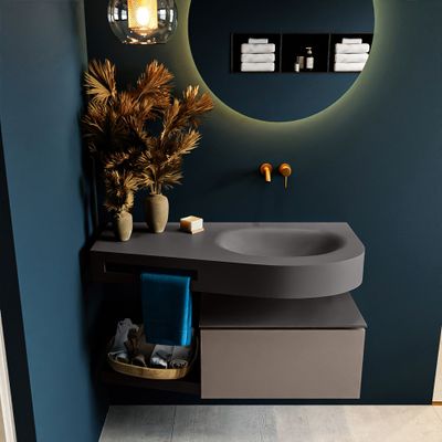 MONDIAZ RIVA 100cm badmeubel onderkast / planchet kleur Smoke met 1 lade. Wastafel DULCET rechts 0 kraangaten kleur Dark_Grey. MONDIAZ RIVA 100cm badmeubel onderkast / planchet kleur Smoke met 1 lade. Wastafel DULCET rechts 0 kraangaten kleur Dark_Grey.