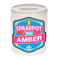 Kinder spaarpot met naam - Amber - keramiek - met dop - wit - Sparen - Spaargeld van Amber