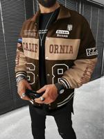 Bon&Bon Men's Hip-Hop Letter Print Colorblock Jacket | Loose Streetwear Coffee Brown / XL