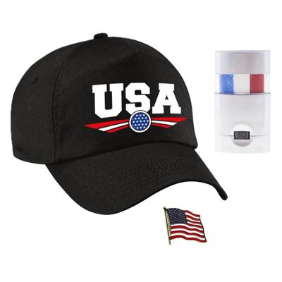 Amerika USA supporters setje - baseballcap zwart - vlag kleur schminkstift - broche - volwassenen