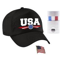 Amerika USA supporters setje - baseballcap zwart - vlag kleur schminkstift - broche - volwassenen