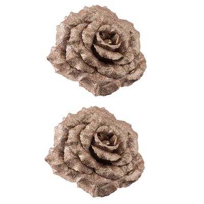 2x stuks decoratie bloemen roos champagne glitter op clip 18 cm