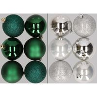 12x stuks kunststof kerstballen mix van donkergroen en zilver 8 cm - thumbnail