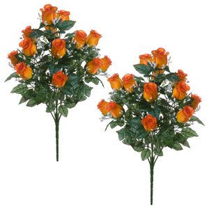 Kunstbloemen boeket rozen/gipskruid - 2x stuks - oranje - H56 cm - Bloemstuk - Bladgroen