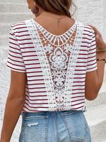 Women's Short Sleeve Tee Summer Striped Lace Hollow out V Neck Going Out Elegant Top White Red - thumbnail