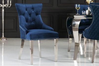 Barokstoel CASTLE DELUXE koningsblauw fluweel leeuwenkop Chesterfield design eetkamerstoel klinknagels - 40473