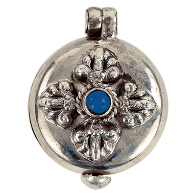 Zilveren Hanger Rond Doosje Dubbele Dorje en Blauwe Steen