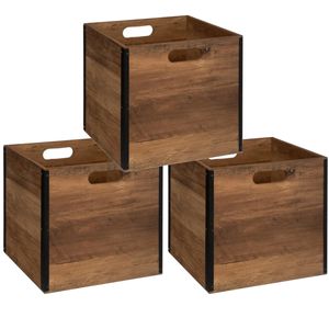 Set van 3x stuks opbergmand/kastmand 29 liter donker bruin van hout 31 x 31 x 31 cm