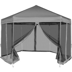 Partytent pop-up zeshoekig met 6 zijwanden 3,6x3,1 m grijs