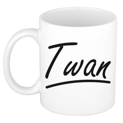 Twan Naam koffiemok - beker - met sierlijke letters - wit - 300 ml - Cadeau - Heren