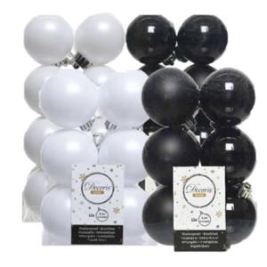 56x stuks kunststof kerstballen zwart en wit 4 en 6 cm - Kerstbal