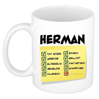 Naam mok Herman - wit - top gozer - keramiek - 300 ml - cadeau collega beker