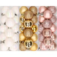 42x stuks kleine kunststof kerstballen goud, lichtroze en parelmoer wit 3 cm   -