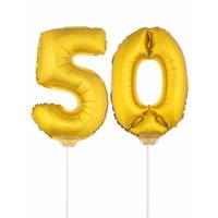 Gouden opblaas cijfer 50 - op stokjes van 41 cm - leeftijd versiering - verjaardag