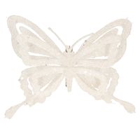 1x stuks decoratie vlinders op clip glitter wit 14 cm - thumbnail