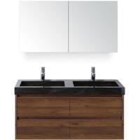 Dante Badmeubelset 120 cm - Walnoot - Wastafel Hardsteen Wit Lucca Dubbel met Spiegelkast