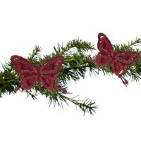 2x Kerstboomversiering vlinder op clip glitter bordeaux rood 14
