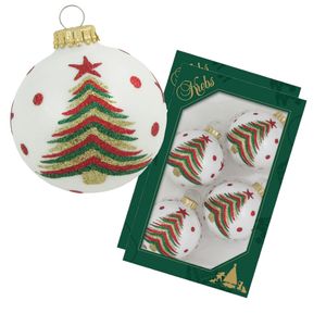 Kerstballen - 16x stuks - wit met kerstboom - glas - 7 cm