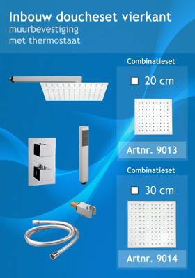 Inbouw douchecombi Vierkant met muursteun en douchekop 30 cm