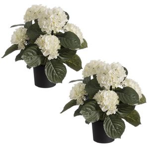 4x stuks witte hortensia Hydrangea kunstplant in zwarte kunststof pot 44 cm