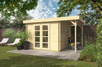 Tuindeco Rotterdam Blokhut 300x300 cm + luifel 120 cm 19 mm vuren blank- Plat dak- Onbehandeld vurenhout- Tuindeco