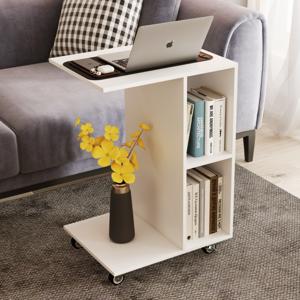C-vormige Bijzettafel Smalle Tafel met Opbergplanken Universele Vergrendelbare Wielen Mobiele Tafel voor Bed Woonkamer Wit