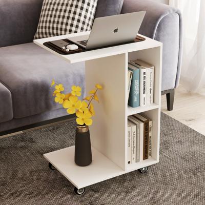 C-vormige Bijzettafel Smalle Tafel met Opbergplanken Universele Vergrendelbare Wielen Mobiele Tafel voor Bed Woonkamer Wit
