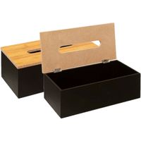 Tissuedoos/zakdoekjes box - 2x - zwart - MDF hout - bamboe deksel - 25 x 13 x 9 cm