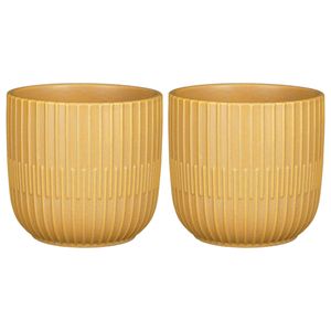 2x Stuks Plantenpot/bloempot keramiek mat okergeel stripes patroon - D14/H13 cm - Plantenpotten