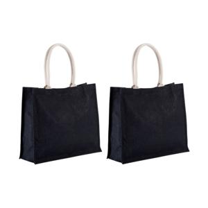 Jute boodschappen strandtas - 2x stuks - zwart - 42 x 36 cm - Strandartikelen beach bags/shoppers