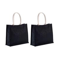 Jute boodschappen strandtas - 2x stuks - zwart - 42 x 36 cm - Strandartikelen beach bags/shoppers - thumbnail