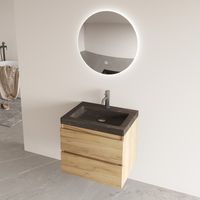 Fontana Freestone badkamermeubel warm eiken 60cm met natuurstenen wastafel 1 kraangat en ronde spiegel