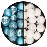 Kleine kerstballen - 28x st - parelmoer wit en ijsblauw - 3 cm - kunststof - Kerstbal - thumbnail