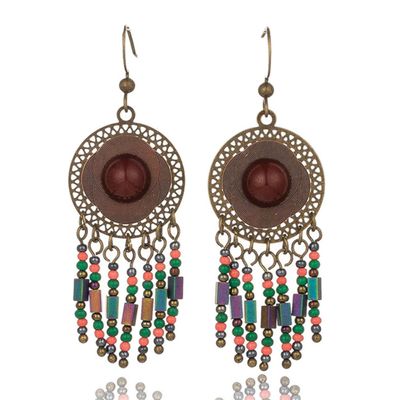 Bohemien oorhangers - Rond, bruine steen en kleurrijke kralen