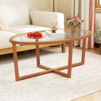 Salontafel van Gehard Glas Moderne Ovale Salontafel met Kruisvoet en Poten van Acaciahout Minimalistische Bijzettafel voor Kleine Ruimtes