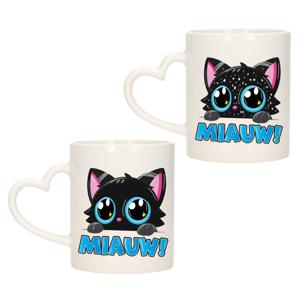 Cadeau set van 2x stuks koffie/thee drink mokken - poes/kat - Miauw - hartjes oor - keramiek