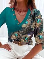 Feather Pattern V-neck Buckle Casual T-Shirt - thumbnail