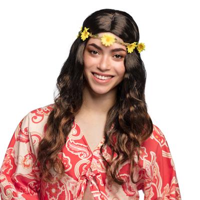 Boland party dames pruik - Flower Power Sixties - lang zwart/bruin haar - carnaval